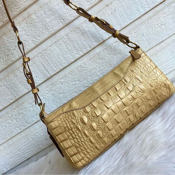 BRAHMIN Tan Croc Embossed Hobo Baguette Shoulder Bag Java Asher Melbourne Elisa - Picture 9 of 14